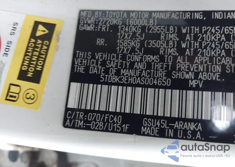 2010 Toyota Highlander Base V6 from USA, damaged, VIN 5TDBK3EH0AS004650
